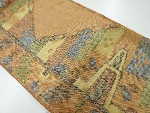 アンティーク　手織り紬縞に抽象模様織出し名古屋帯